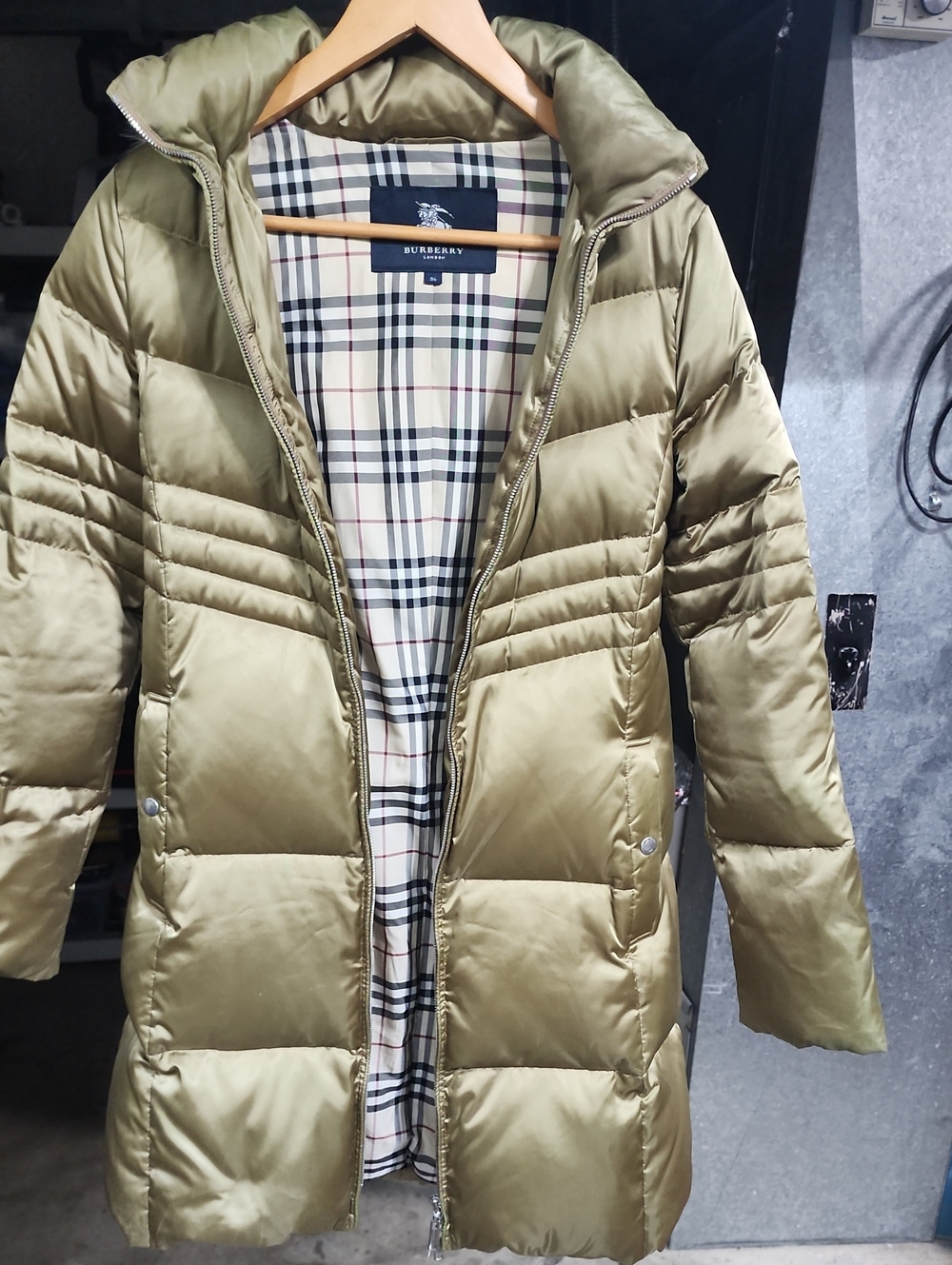 Burberry Olive Green Women Long Puffer Coat with Signature Check Lining
